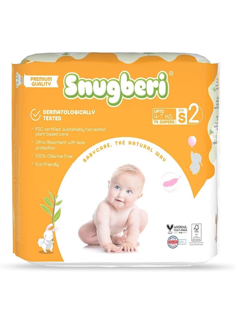 Snugberi Snugberi Tape Style Diapers, Size 2 Small, 74 Pieces, 4-7kg - Dermatologically Tested, Chlorine Free, Ultra Absorbent with Leak Protection 