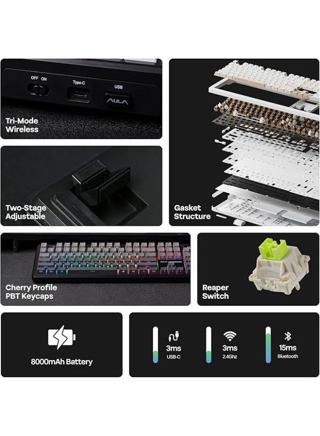 EPOMAKER X AULA F108 PRO Wireless Gaming Keyboard with Screen, 8000mAh Battery, 104 Hot-Swappable and Programmable Keys and Knob, RGB Backlight, for Mac/PC/Android (Black Gradient) - Image 4