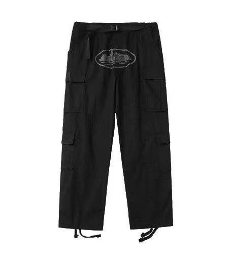 European and American high street multi-pocket side buckle ribbon overalls mens and womens same fashion brand loose wide leg tactical casual pants Gray picture Black Label