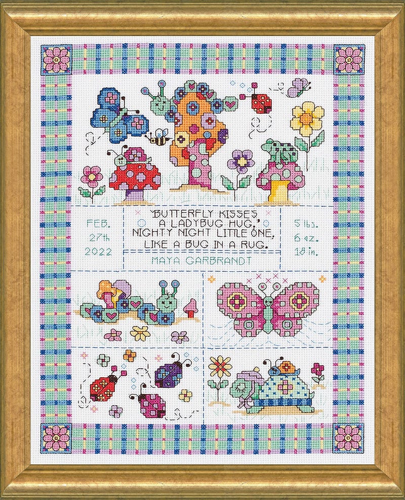 Janlynn 14 Count Bug in a Rug Birth Record Counted Cross Stitch Kit, 9-3/4-Inch by 12-3/4-Inch White - Image 1