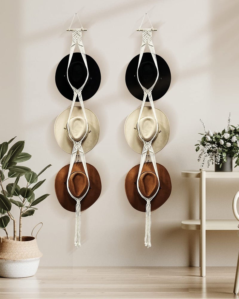 Gute Macrame Hat Hangers, Boho Hats Rack for for Wall Hanging, Black White Woven Women Hat Holder Organizer for Wide Brim and Fedoras Sun Hat Cowboy Hat Display(White,6 Hat Style) - Image 3
