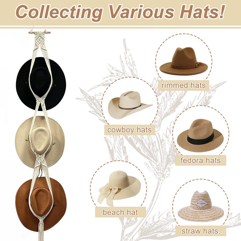 Gute Macrame Hat Hangers, Boho Hats Rack for for Wall Hanging, Black White Woven Women Hat Holder Organizer for Wide Brim and Fedoras Sun Hat Cowboy Hat Display(White,6 Hat Style) - Image 4