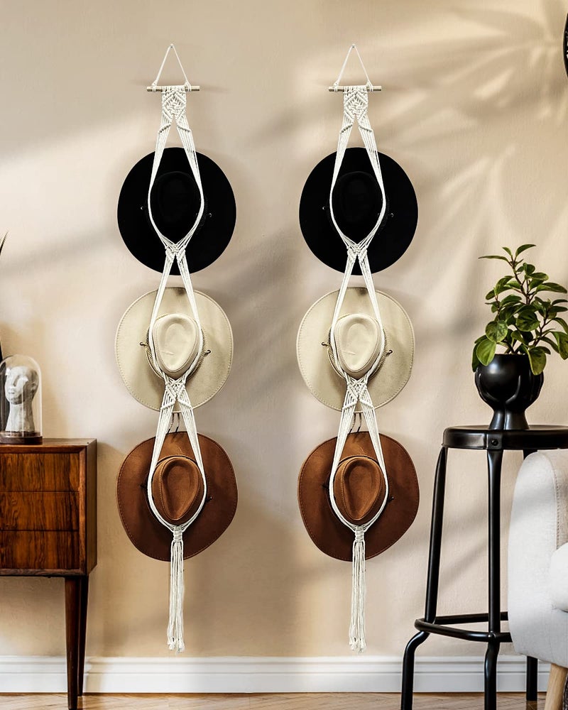 Gute Macrame Hat Hangers, Boho Hats Rack for for Wall Hanging, Black White Woven Women Hat Holder Organizer for Wide Brim and Fedoras Sun Hat Cowboy Hat Display(White,6 Hat Style) - Image 1