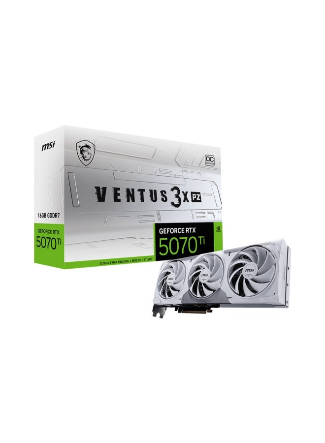 MSI GeForce RTX 5070 Ti 16GB GDDR7 Ventus 3X PZ OC Graphics Card, 8960 CUDA Cores, 2482 MHz Boost, PCIe Gen5, Triple Fan Cooling, DLSS 4 & Ray Tracing, HDMI 2.1b + 3× DP 2.1, ATX 3.1 16-Pin, White | 912-V531-636