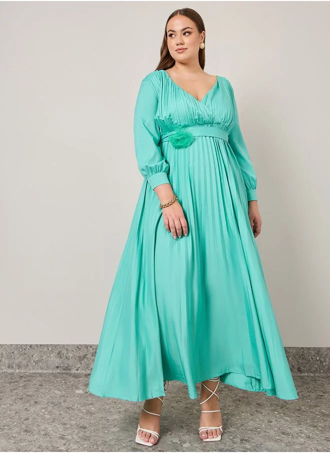 Styli Solid Pleated Belt Design Maxi Dress