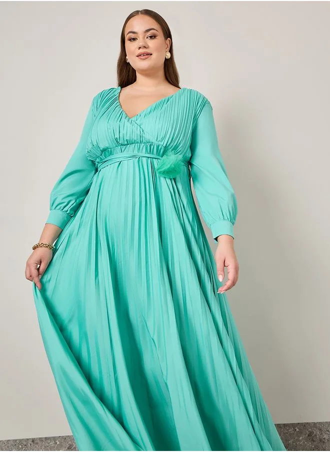 Styli Solid Pleated Belt Design Maxi Dress