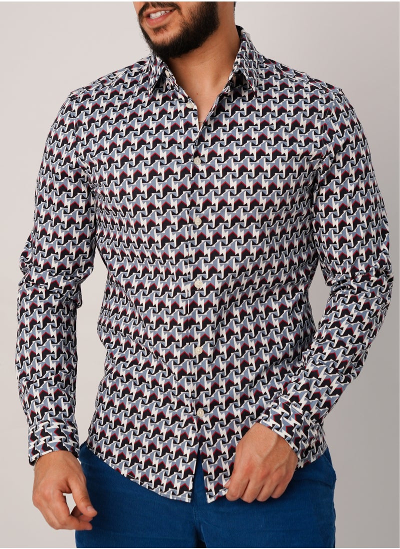 JACK & JONES - Men’s Bright White And Blue Printed Shirt in Bright White - Image 1