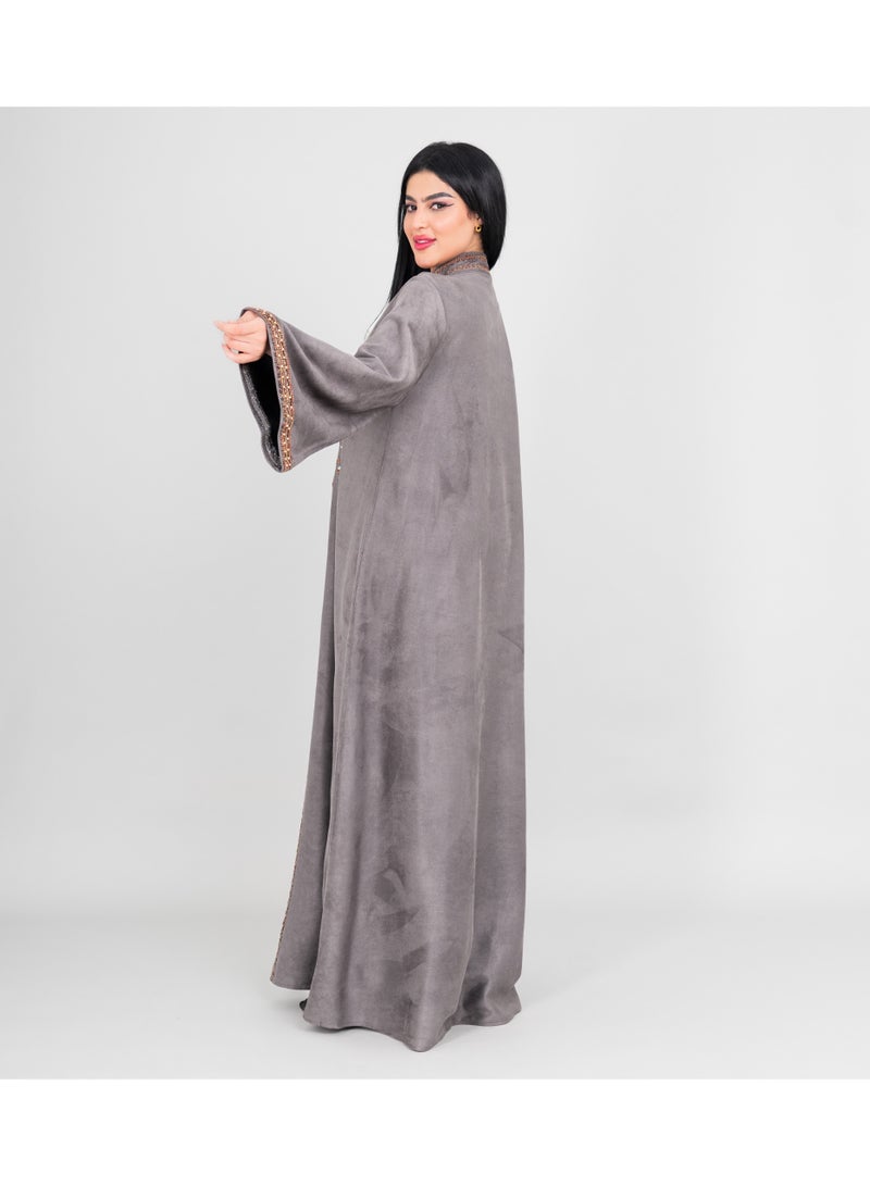 IKKXA Winter Embroidery Smooth Fabric Jalabiya IK1074 Grey - Image 3