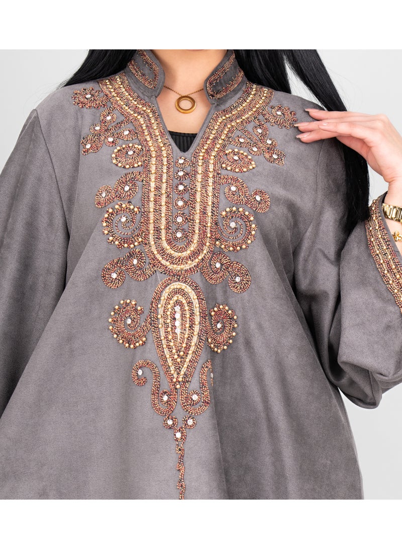IKKXA Winter Embroidery Smooth Fabric Jalabiya IK1074 Grey - Image 2
