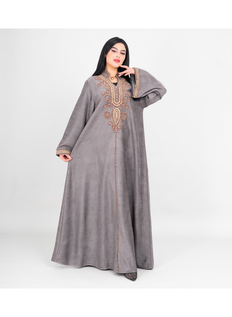 IKKXA Winter Embroidery Smooth Fabric Jalabiya IK1074 Grey - Image 1