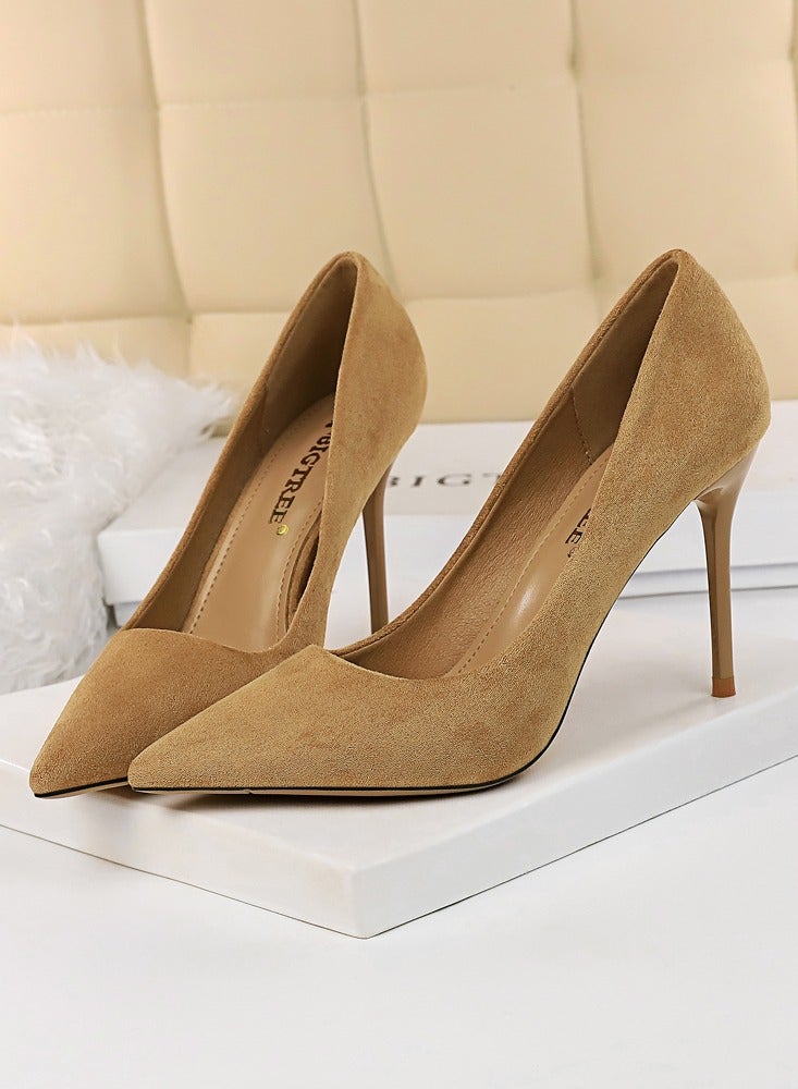 BIGTREE Women's Solid Color Elegant Velour Stiletto Pumps 9 CM Fashion Gorgeous Closed Pointed Toe Slip On Solid High Heels Khaki - Image 1
