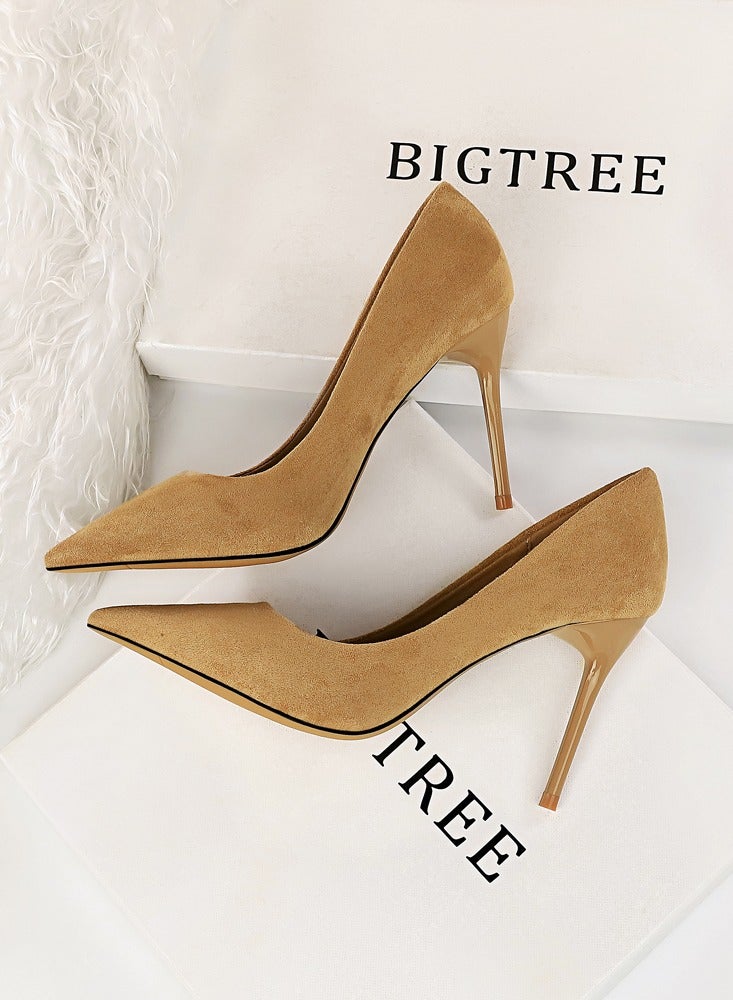 BIGTREE Women's Solid Color Elegant Velour Stiletto Pumps 9 CM Fashion Gorgeous Closed Pointed Toe Slip On Solid High Heels Khaki - Image 3