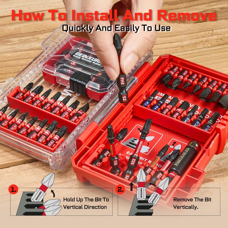 Geinxurn 65Pieces Impact Screwdriver Bits Set, Magnetic S2 Steel Phillips/Slotted/Square/Torx Insert Power Bits Tips, Impact Bit Holder with Red Storage Box Case - Image 4