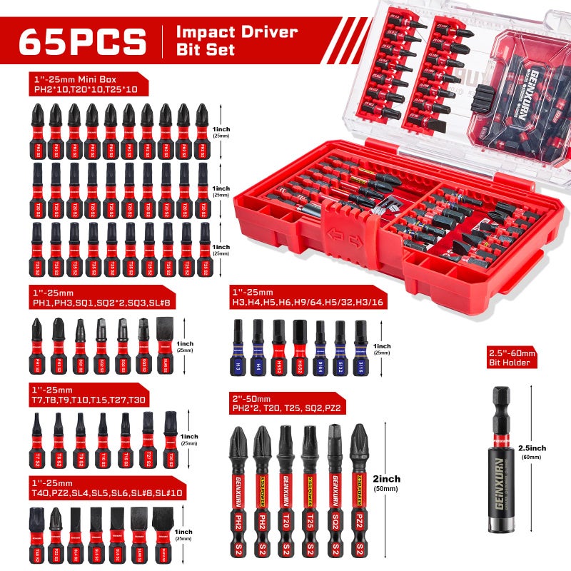 Geinxurn 65Pieces Impact Screwdriver Bits Set, Magnetic S2 Steel Phillips/Slotted/Square/Torx Insert Power Bits Tips, Impact Bit Holder with Red Storage Box Case - Image 2