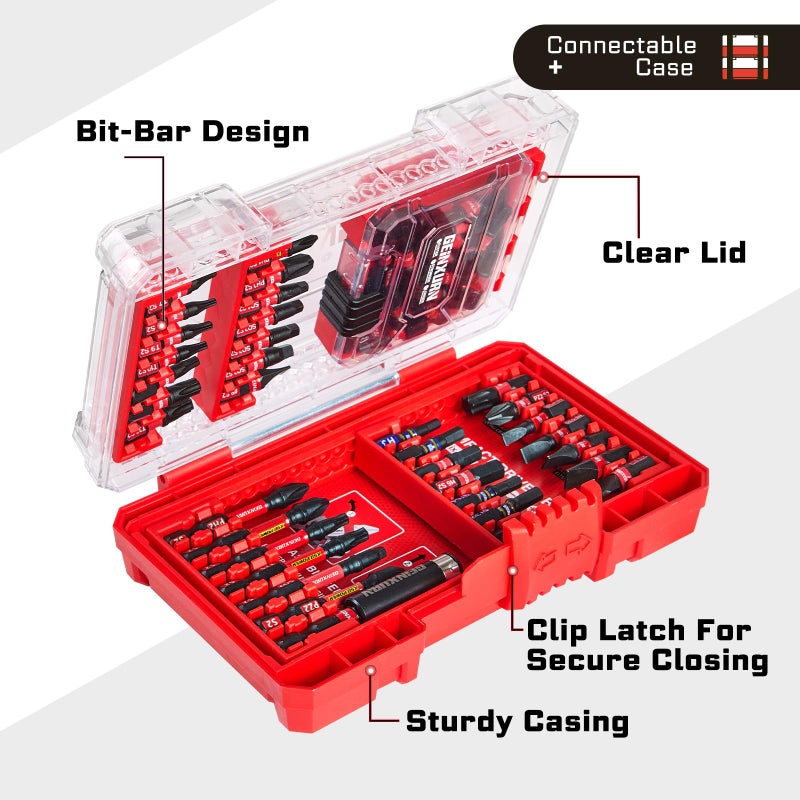 Geinxurn 65Pieces Impact Screwdriver Bits Set, Magnetic S2 Steel Phillips/Slotted/Square/Torx Insert Power Bits Tips, Impact Bit Holder with Red Storage Box Case - Image 3