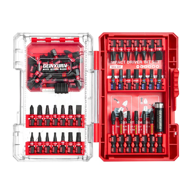 Geinxurn 65Pieces Impact Screwdriver Bits Set, Magnetic S2 Steel Phillips/Slotted/Square/Torx Insert Power Bits Tips, Impact Bit Holder with Red Storage Box Case - Image 1