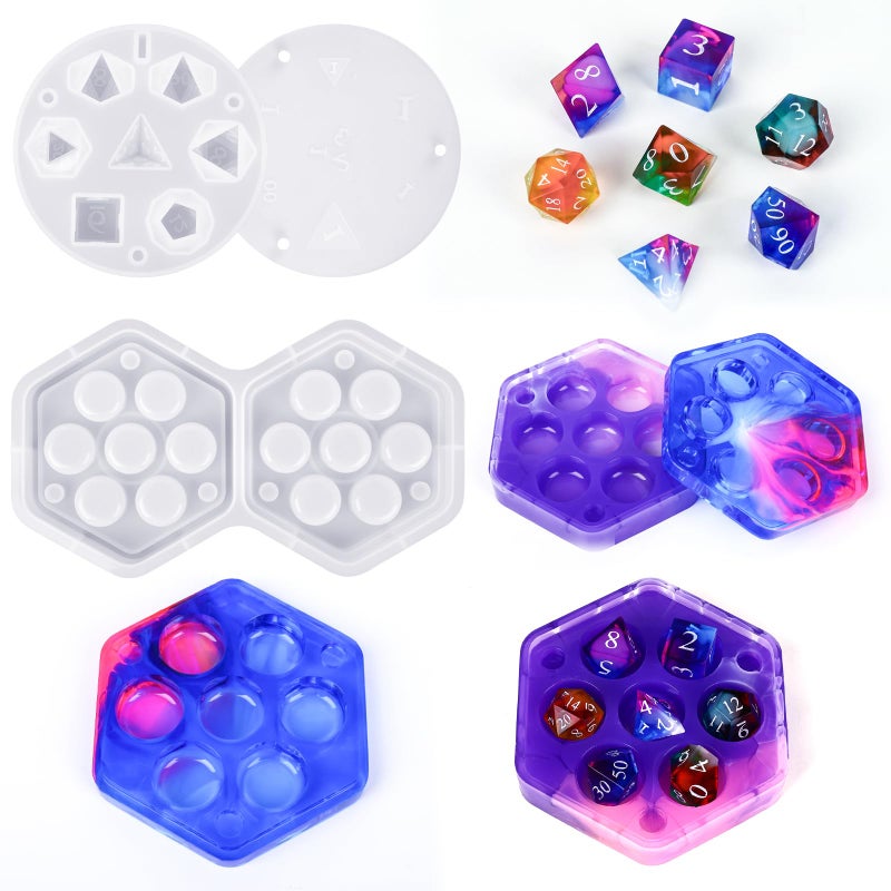 KISREL Dice Resin Molds, DND Dice Set and Organizer Box Epoxy Resin Mold with 7 Standard Stereoscopic Dice Cavities, Silicone Molds for Resin, DND Dice Set Making Kit, Table Board Game - Image 1