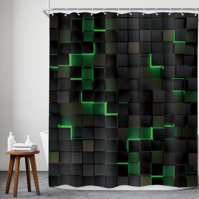 Riyidecor Black Green Shower Curtain 60Wx72H Inch Abstract Wall Brick Modern 3D Gradient Design Futuristic Geometric Plaid Cubes Man Boys Cool Bathroom Decor Fabric Polyester Waterproof 12 Pack Hooks - Image 1