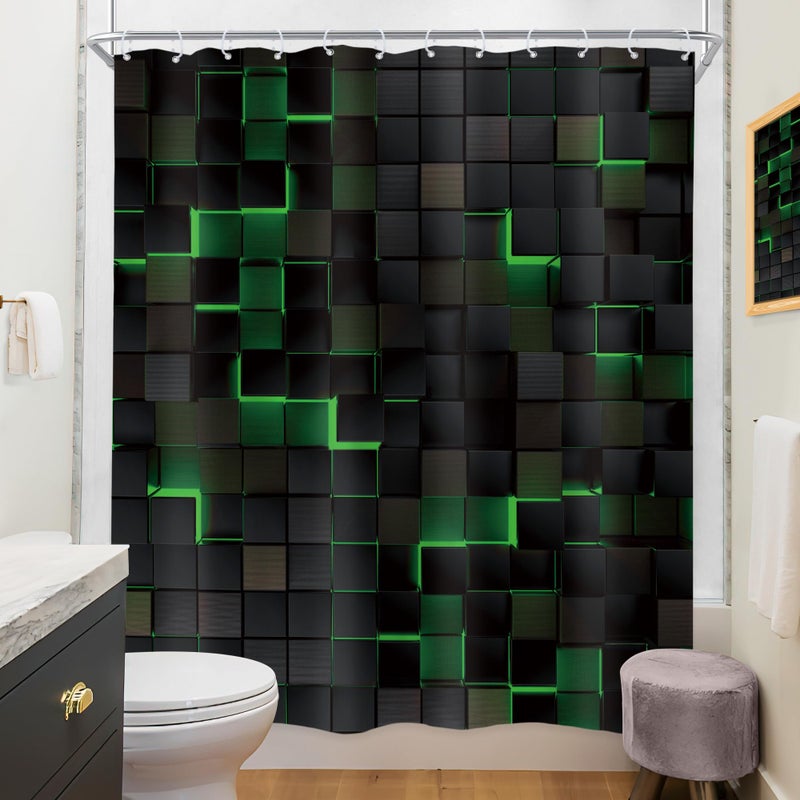 Riyidecor Black Green Shower Curtain 60Wx72H Inch Abstract Wall Brick Modern 3D Gradient Design Futuristic Geometric Plaid Cubes Man Boys Cool Bathroom Decor Fabric Polyester Waterproof 12 Pack Hooks - Image 4