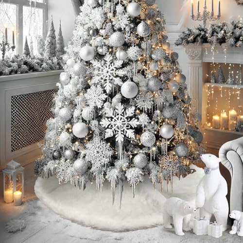 yuboo White Fur Christmas Tree Skirt, 48 inches Snow White Fluffy Xmax Tree Rug Skirt for Christmas Tree Decorations Ornaments Winter Holiday Decor - Image 4