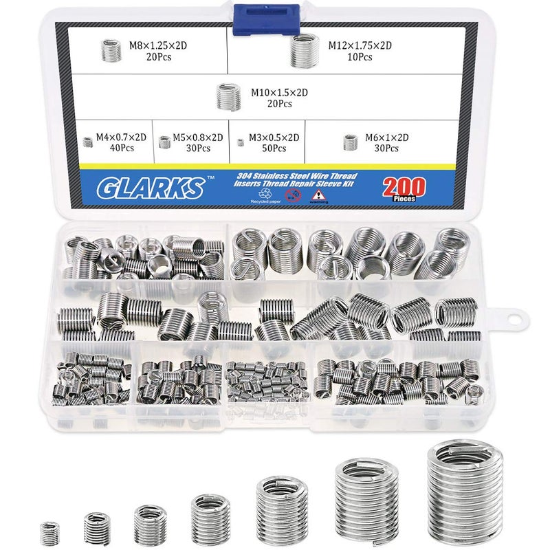 Glarks 200Pcs Wire Inserts Screws Sleeve Assortment Kit, 304 Stainless Steel Metric M3 M4 M5 M6 M8 M10 M12 Wire Thread Inserts Helical Type Coiled Wire Screw Repair Sleeve for Automotive Repairs - Image 1