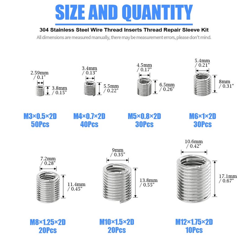 Glarks 200Pcs Wire Inserts Screws Sleeve Assortment Kit, 304 Stainless Steel Metric M3 M4 M5 M6 M8 M10 M12 Wire Thread Inserts Helical Type Coiled Wire Screw Repair Sleeve for Automotive Repairs - Image 2