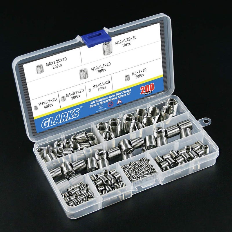 Glarks 200Pcs Wire Inserts Screws Sleeve Assortment Kit, 304 Stainless Steel Metric M3 M4 M5 M6 M8 M10 M12 Wire Thread Inserts Helical Type Coiled Wire Screw Repair Sleeve for Automotive Repairs - Image 5