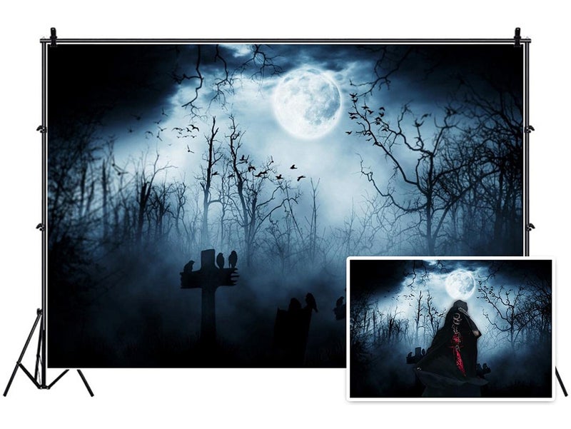 AOFOTO 10x8ft Moon Night Halloween Cemetery Photography Backdrop Flying Bats Birds Stand on Gravestone Cross Graveyard in Dark Forest Photo Background Cloth Vinyl Wallpaper Photo Studio Props