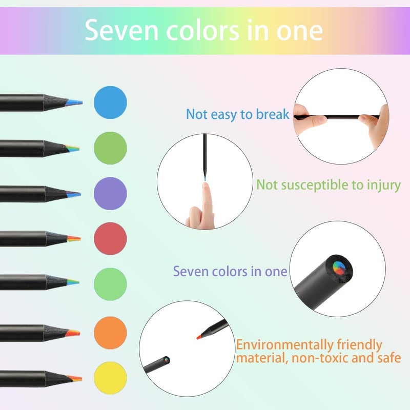 MEZON أقلام قوس قزح ملونة من MEZON عدد 12 قطعة للأطفال والبالغين، قلم قوس قزح 7 في 1، أقلام قوس قزح خشبية سوداء لكتب التلوين والرسم والتخطيط - Image 5