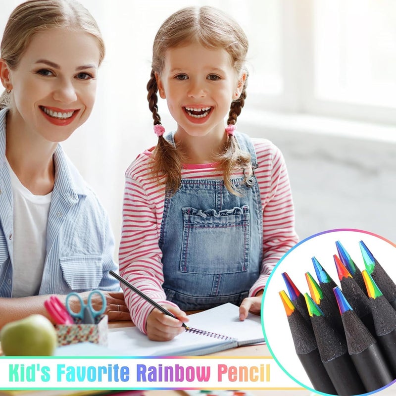 MEZON أقلام قوس قزح ملونة من MEZON عدد 12 قطعة للأطفال والبالغين، قلم قوس قزح 7 في 1، أقلام قوس قزح خشبية سوداء لكتب التلوين والرسم والتخطيط - Image 4