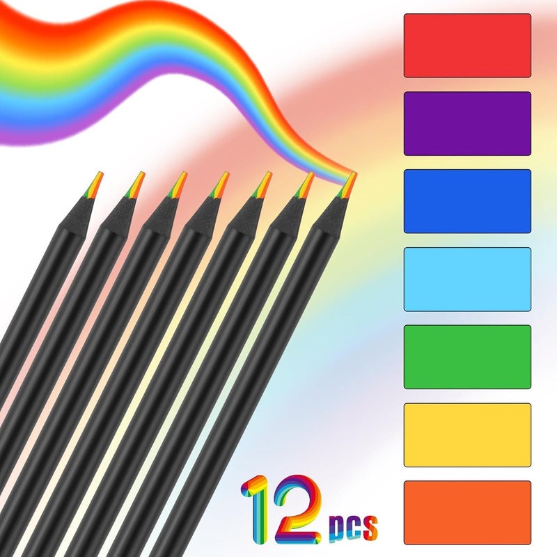 MEZON أقلام قوس قزح ملونة من MEZON عدد 12 قطعة للأطفال والبالغين، قلم قوس قزح 7 في 1، أقلام قوس قزح خشبية سوداء لكتب التلوين والرسم والتخطيط - Image 3