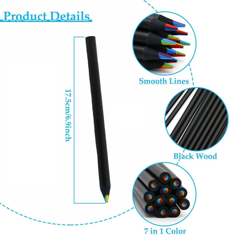 MEZON أقلام قوس قزح ملونة من MEZON عدد 12 قطعة للأطفال والبالغين، قلم قوس قزح 7 في 1، أقلام قوس قزح خشبية سوداء لكتب التلوين والرسم والتخطيط - Image 2