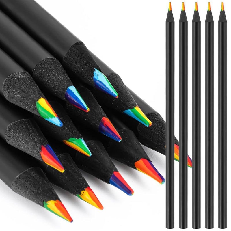 MEZON أقلام قوس قزح ملونة من MEZON عدد 12 قطعة للأطفال والبالغين، قلم قوس قزح 7 في 1، أقلام قوس قزح خشبية سوداء لكتب التلوين والرسم والتخطيط - Image 1