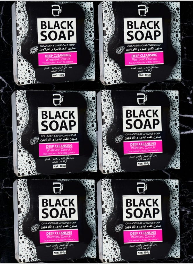 PYRON 6 Pieces Black Soap Collagen And Charcoal Deep Cleansing Whitening Complex 100g  - Image 1