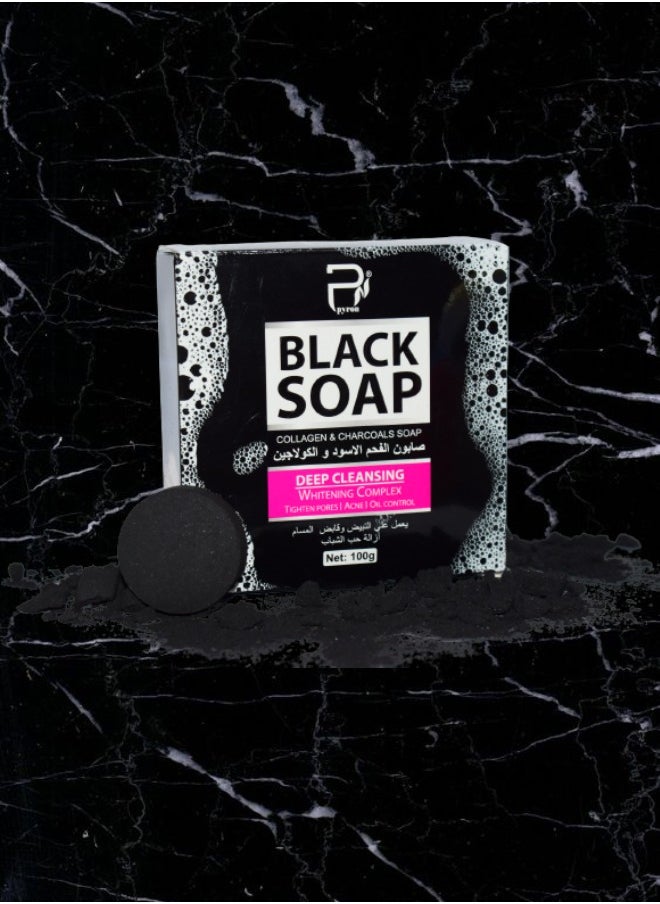 PYRON 6 Pieces Black Soap Collagen And Charcoal Deep Cleansing Whitening Complex 100g  - Image 3