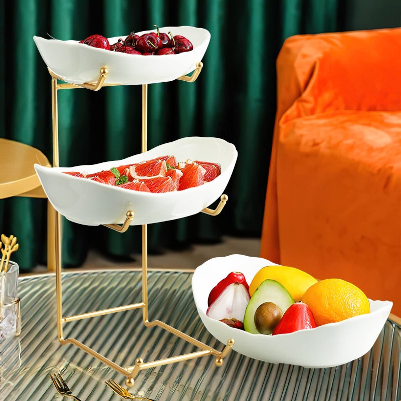 HOMKULA Fruit Bowl for Kitchen Counter - 3 Tier Ceramic Serving Bowls with Metal Stand  Tiered Fruit Basket for Fruit Vegetable Storage  Snack  Nuts  Cake  Dessert  Small & Cute (Gold) - Image 5