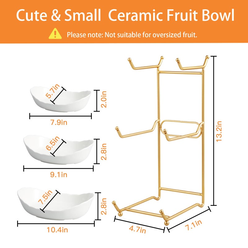 HOMKULA Fruit Bowl for Kitchen Counter - 3 Tier Ceramic Serving Bowls with Metal Stand  Tiered Fruit Basket for Fruit Vegetable Storage  Snack  Nuts  Cake  Dessert  Small & Cute (Gold) - Image 3