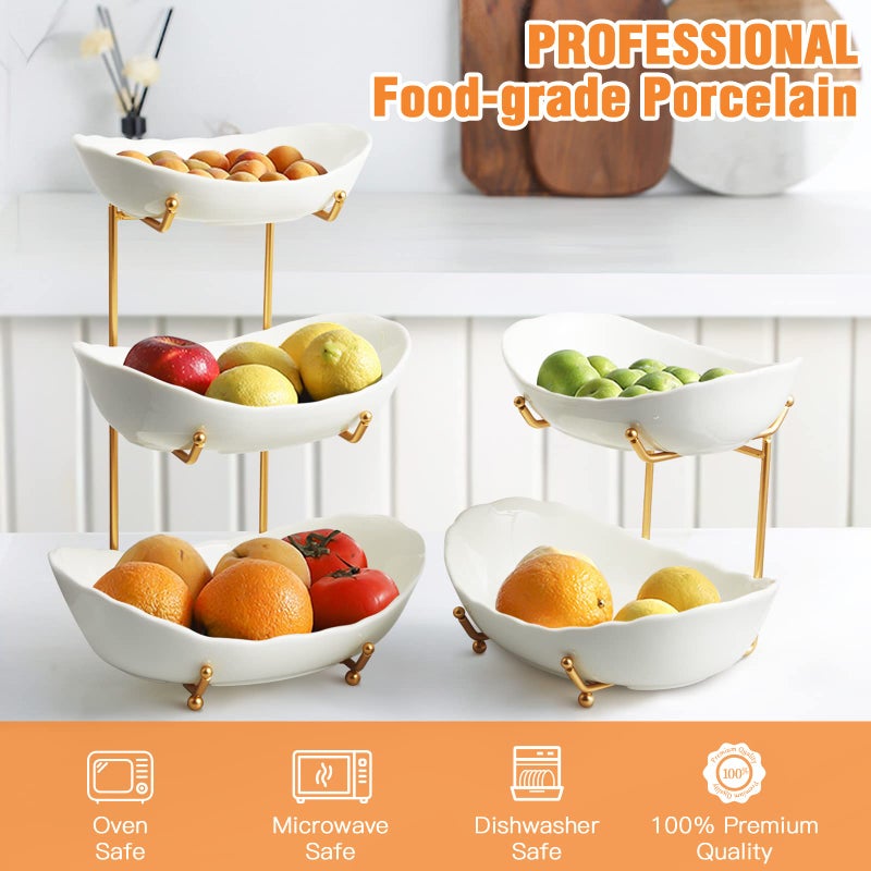 HOMKULA Fruit Bowl for Kitchen Counter - 3 Tier Ceramic Serving Bowls with Metal Stand  Tiered Fruit Basket for Fruit Vegetable Storage  Snack  Nuts  Cake  Dessert  Small & Cute (Gold) - Image 2