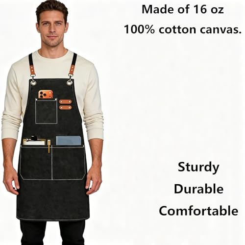 AFUN Chef Aprons for Men Women with Oversized Pockets, 16-Ounce Cotton Canvas Cross Back Heavy Duty Work Apron (Black) - Image 2