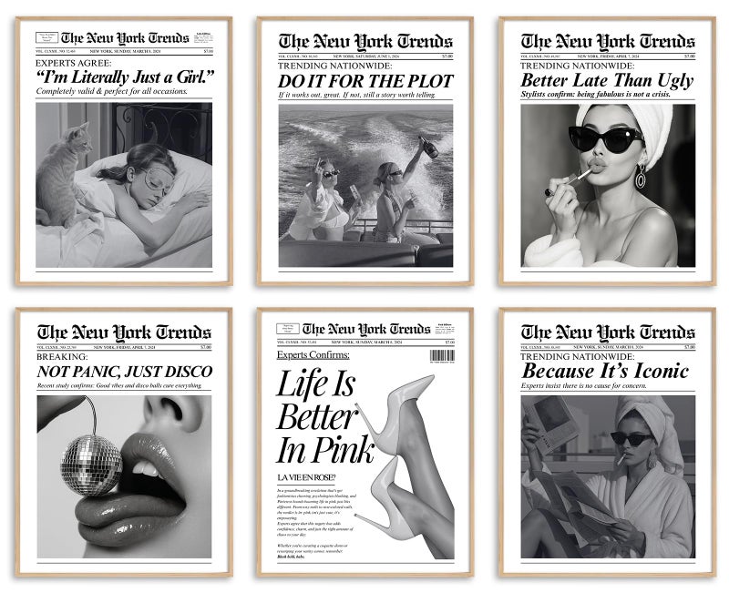 uniro Trendy Newspaper Wall Art Prints, Vintage Black & White Newspaper Wall Decor Aesthetic Pictures, Retro Girly Dorm Room Decor, Funky Bathroom Wall Decor Disco Poster for Teen Girl Bedroom Apartment, Bar Cart decor - Unframed - Image 1