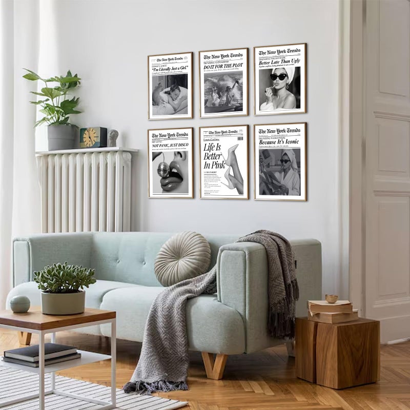 uniro Trendy Newspaper Wall Art Prints, Vintage Black & White Newspaper Wall Decor Aesthetic Pictures, Retro Girly Dorm Room Decor, Funky Bathroom Wall Decor Disco Poster for Teen Girl Bedroom Apartment, Bar Cart decor - Unframed - Image 5