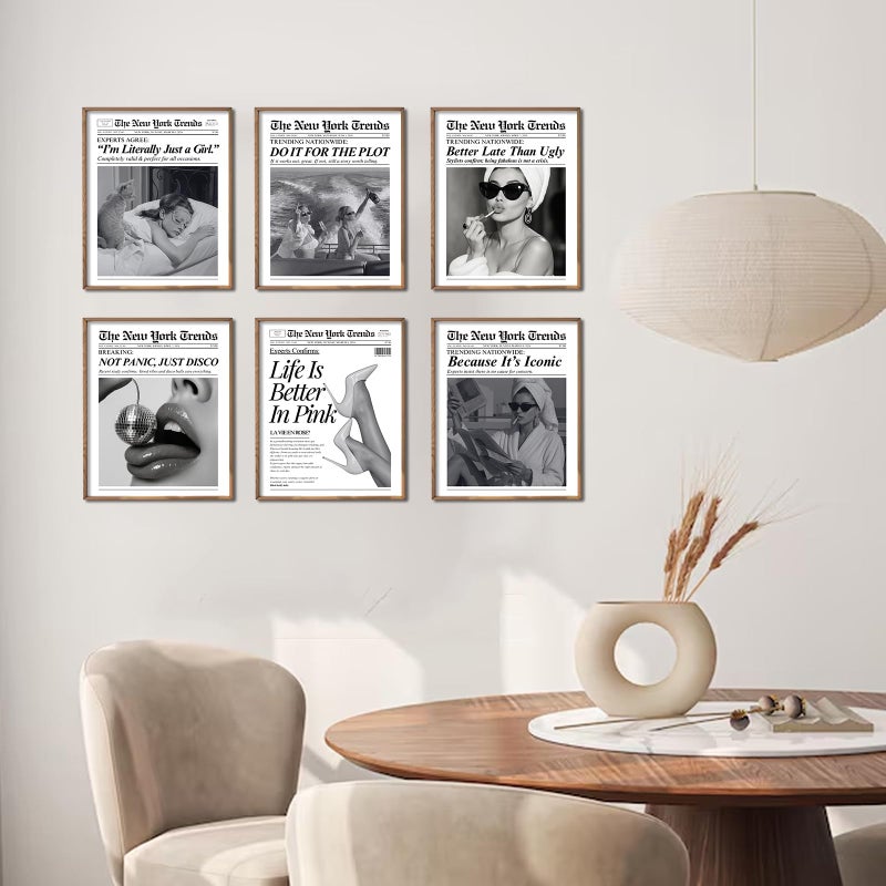 uniro Trendy Newspaper Wall Art Prints, Vintage Black & White Newspaper Wall Decor Aesthetic Pictures, Retro Girly Dorm Room Decor, Funky Bathroom Wall Decor Disco Poster for Teen Girl Bedroom Apartment, Bar Cart decor - Unframed - Image 2