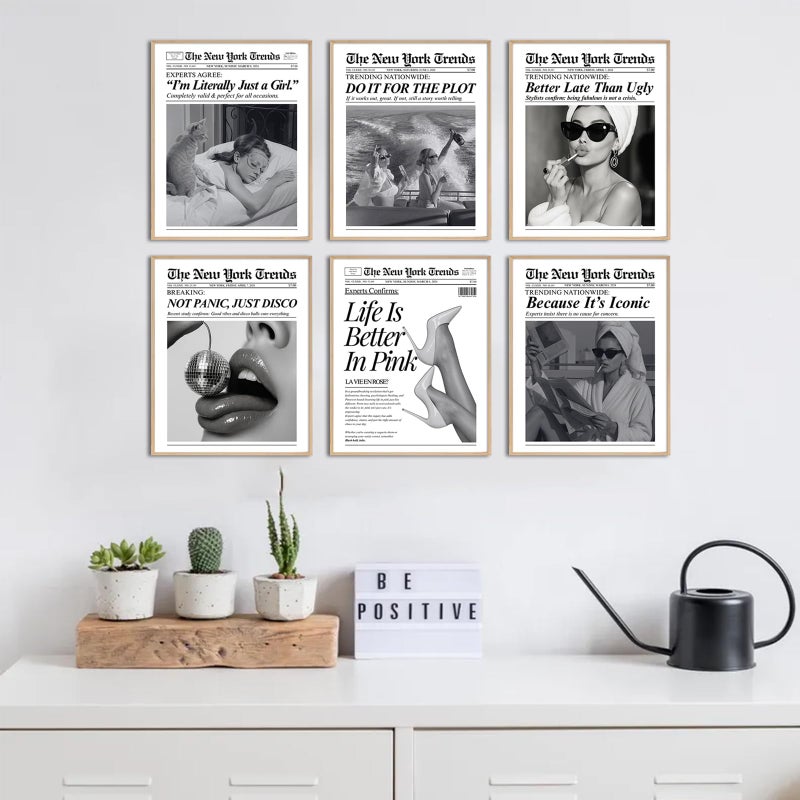 uniro Trendy Newspaper Wall Art Prints, Vintage Black & White Newspaper Wall Decor Aesthetic Pictures, Retro Girly Dorm Room Decor, Funky Bathroom Wall Decor Disco Poster for Teen Girl Bedroom Apartment, Bar Cart decor - Unframed - Image 3