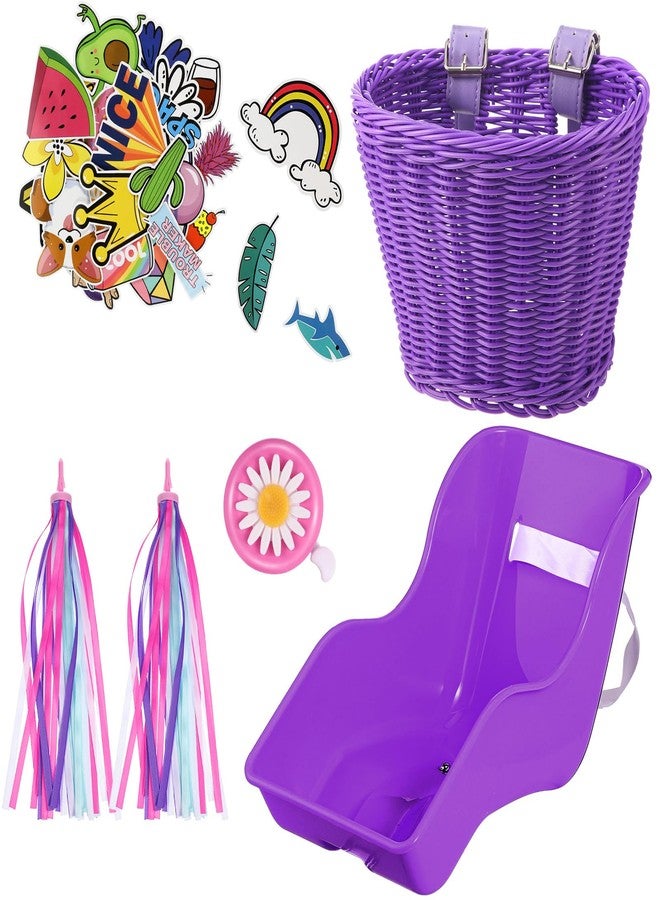 Aurelema Doll Bike Seat with 30 pcs Stickers Decals, Bike Basket for Kids, Bike Handlebar Streamers Colorful Ribbons Tassel, Daisy Bike Bell for Kids Girls Boys Bike Accessories (Purple) - Image 1