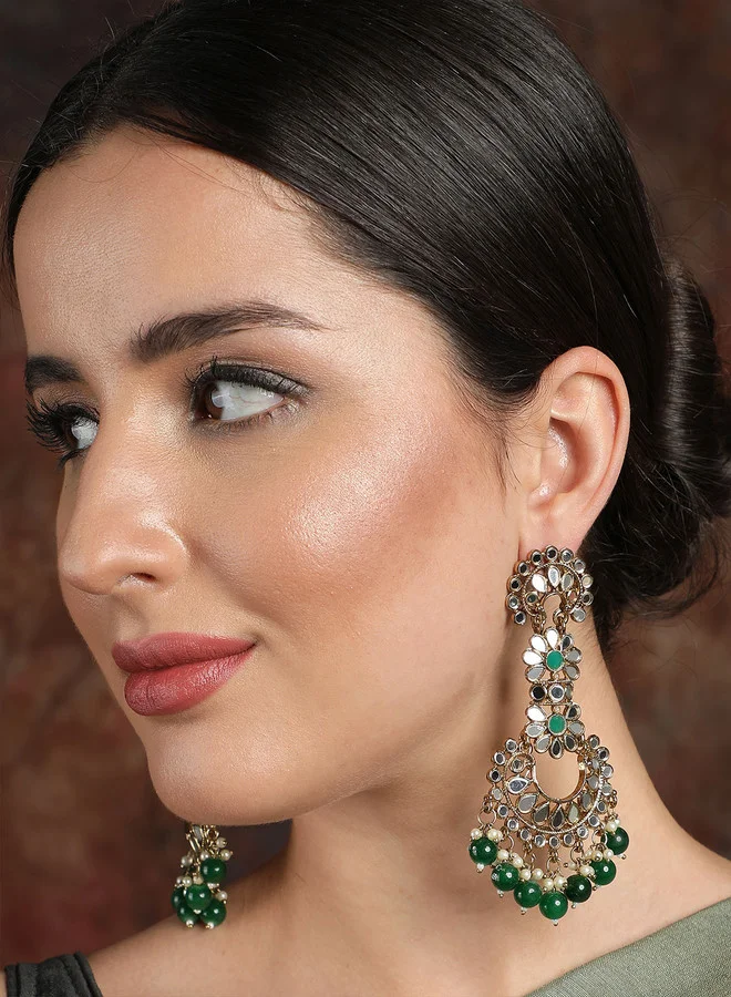 ISHIN Gold-Toned & Green Classic Chandbalis Earrings