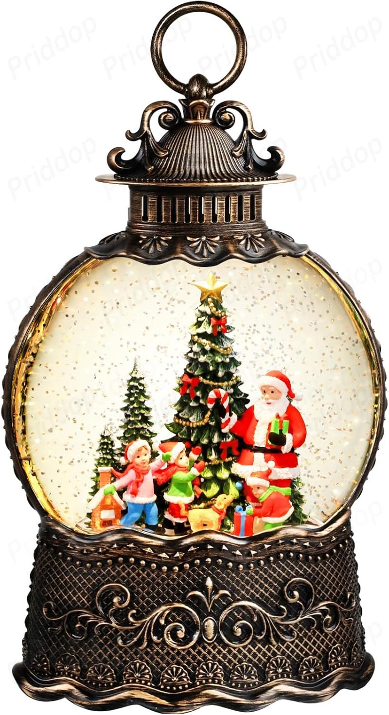 Priddop Santa Snow Globe Christmas Decorations Indoor Santa Claus Gifts Classic Relief Texture Musical Glitter Snowfall USB/Battery Timer Lantern 10.6 inch - Image 1