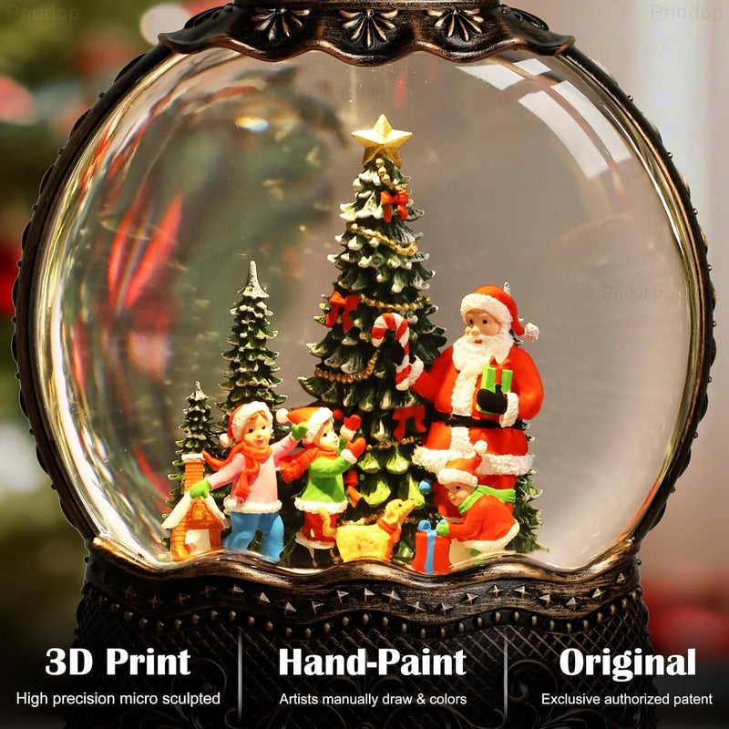 Priddop Santa Snow Globe Christmas Decorations Indoor Santa Claus Gifts Classic Relief Texture Musical Glitter Snowfall USB/Battery Timer Lantern 10.6 inch - Image 2