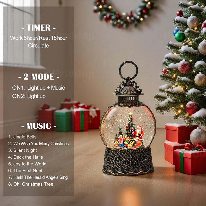Priddop Santa Snow Globe Christmas Decorations Indoor Santa Claus Gifts Classic Relief Texture Musical Glitter Snowfall USB/Battery Timer Lantern 10.6 inch - Image 3