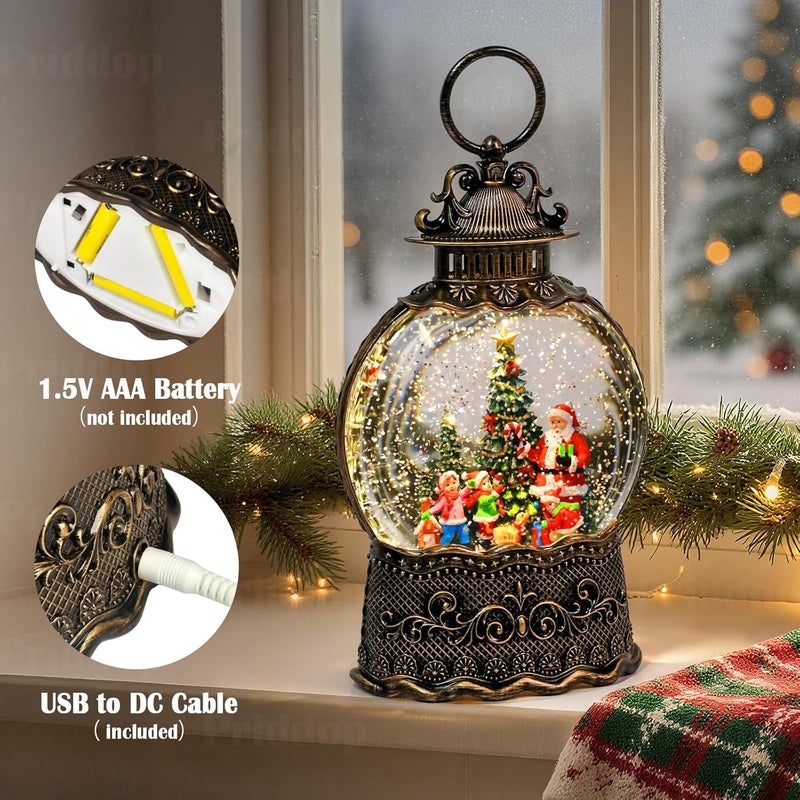 Priddop Santa Snow Globe Christmas Decorations Indoor Santa Claus Gifts Classic Relief Texture Musical Glitter Snowfall USB/Battery Timer Lantern 10.6 inch - Image 4