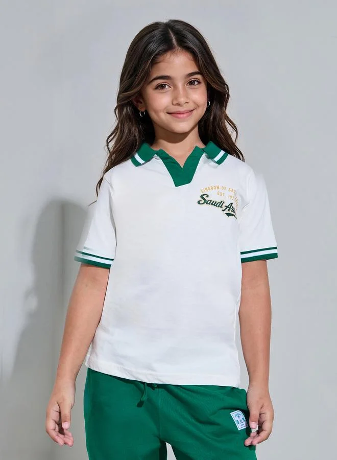 Styli Teen Girls Saudi Print Polo T-Shirt and Cuffed Joggers Set